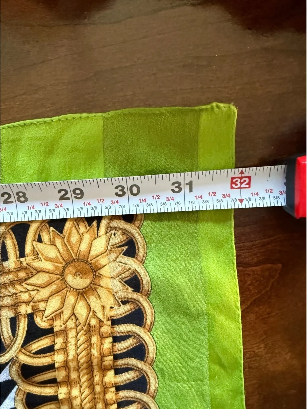 Elegant Green and Gold Patterned Scarf with Geometric and Baroque Design